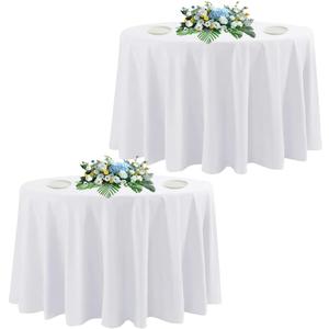 2 Pack Round Tablecloth White 120 Inch, Stain Resistant and Wrinkle Polyester Fabric, Washable Table Cover for Kitchen Dining, Wedding, Buffet Table, Holiday Party