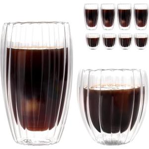 WeirdUncle Set of 8 Double Walled Glass Cups, 4 Thermo Espresso Glasses 9oz & 4 Ribbed Glassware 15oz, Fluted Dsesign, Insulated Coffee Mugs, for Iced Coffee, Latte, Cappuccino, Water, Gift