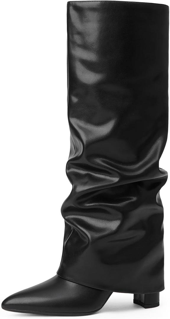 Modatope Knee High Boots Women Fold Over Knee High Boots Chunky High Heels Long Boots Zipper Pointed Toe Dress Tall Boots for Women (9, Black Slouchy)