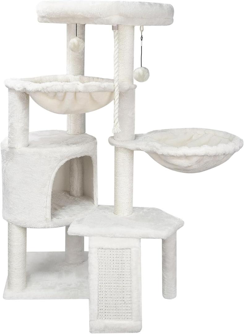 Wang Xin Three Layer Cat Tree with Cat Condo Scratch Pad and Two Hammocks, (Beige, 37.4")