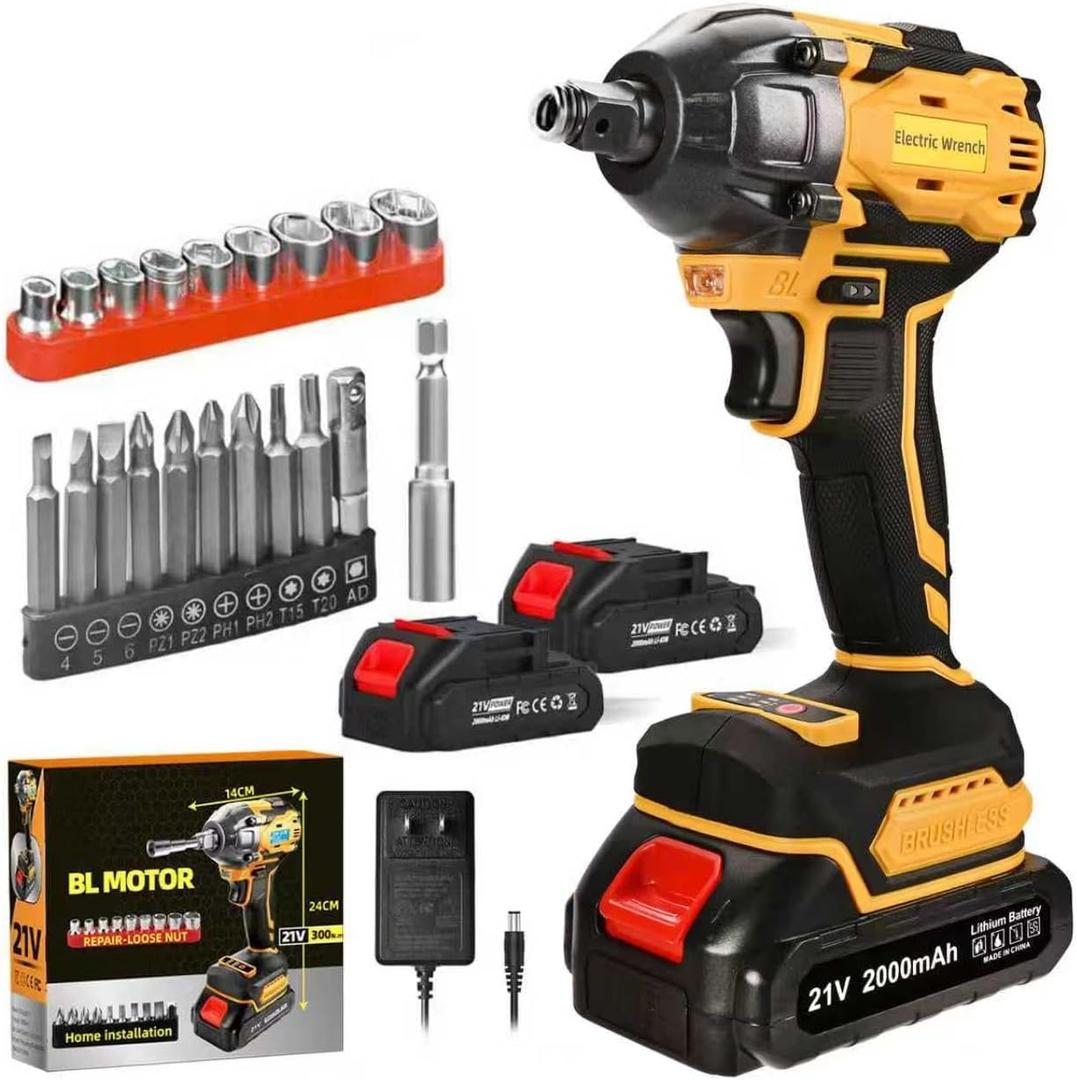 Cordless Impact Wrench, 21V Torque Power Impact Driver, 1/2" Power Impact Wrenches with 2 * 2.0Ah Batteries with 19 Accessories, Electric Impact Motor Variable Speeds for home installation (Yellow)