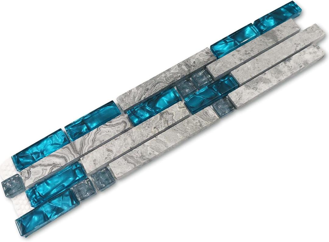 Hominter Glass Stone Tile Linear Mosaic Teal Blue Crystal Glass Gray Polished Marble Interlocking Bathroom Wall Tiles Kitchen Backsplash Fireplace Decor (3x12 Sample)