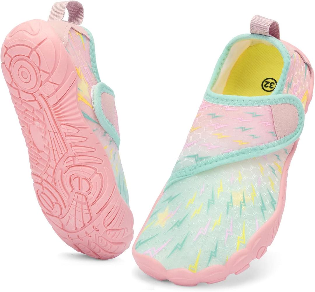 Kids Water Shoes Boys Girls - Wide Toe Box Quick Dry Barefoot Shoes Breathable Non Slip Aqua Athletic Sneakers for Swim Beach Pool Kayak Hiking Sand Walking Travel Essentials Size: 2 Big Kid (B-pink Green)