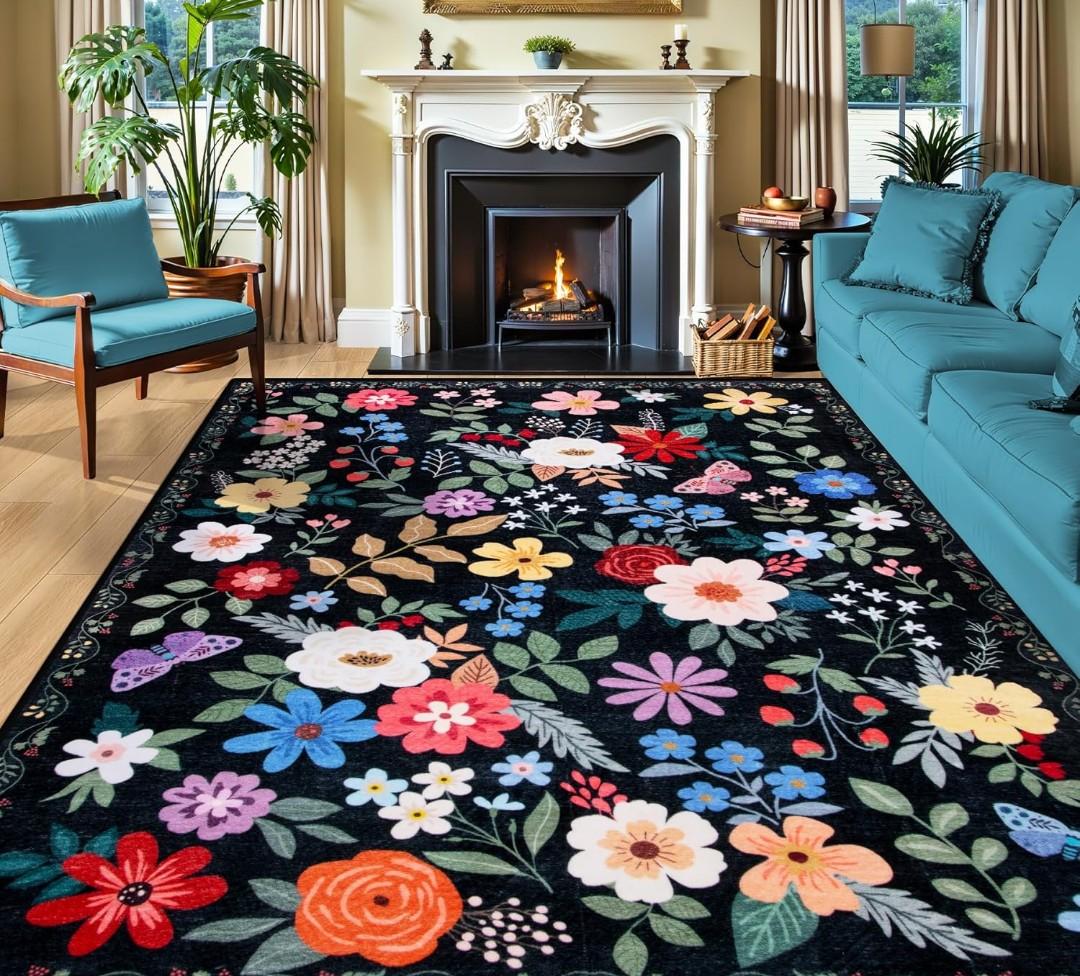 5X3 Feet Area Rugs for Living Room: Washable Rug Vintage Large Soft Boho Floral Non-Slip Carpet Indoor Floor Stain Resistant Thin Carpets for Bedroom Dining Room Farmhouse Nursery Home Office Black