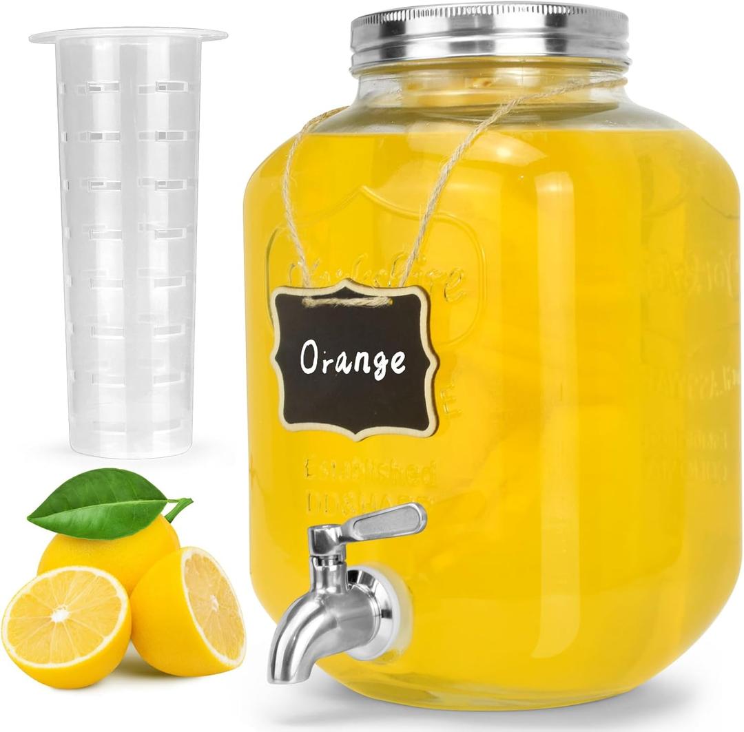 DD&HAPP Glass Beverage Dispenser With Stainless Steel Spigot,1.2 Gallon Mason Jar Drink Dispenser,Sun Tea,Lemonade & Juice Dispenser for Parties, Weddings & Events.Leak-Proof, Infuser Included. (1.2 Gallon Single)