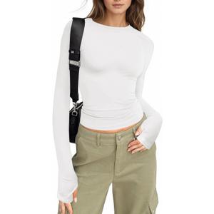 Fisoew Womens Long Sleeve T Shirts Crew Neck Basic Fall Fitted Tops Running Yoga Athletic Shirts with Thumb Hole (White, S)
