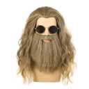 Long Curly Blonde Wig with Mustache Golden Brown Wig Cosplay Costume Halloween