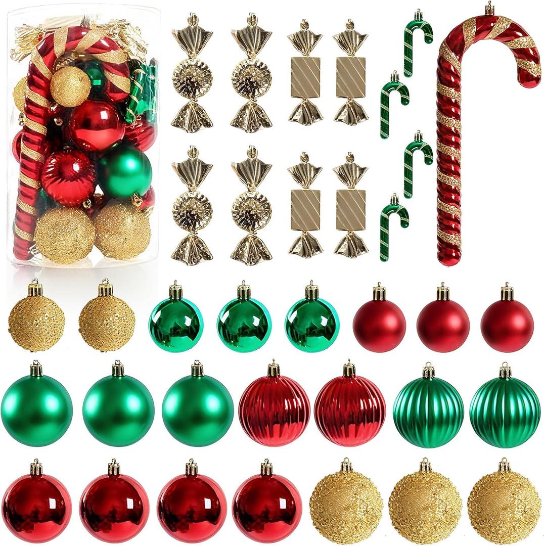 Soulchen 40 Pcs Christmas Tree Ornaments Set, Mini Christmas Ball Shatterproof Plastic Candy Canes Hanging for Home Xmas Holiday Party Decorations(Red,Gold,Green)