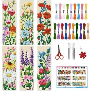 INFUNLY 6PCS DIY Flower Cross Stitch Bookmark Kit for Beginners 8.66"3.15" Stamped Embroidery Bookmark Kit Hand Plant Bookmark Cross Stitch Kits with Instruction for Book Lovers Reader Writers