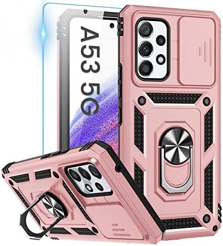 Goton Compatible with Samsung Galaxy A53 5G Case with Camera Cover & Kickstand Ring with Tempered Glass Screen Protector, Military Grade Shockproof Protective Bumper Cover Rose Gold