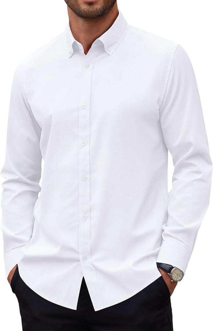 Alimens & Gentle Mens Oxford Shirts Stretch Long Sleeve Dress Shirt for Men Casual Business Work Solid Button Down Shirts (White, XL)