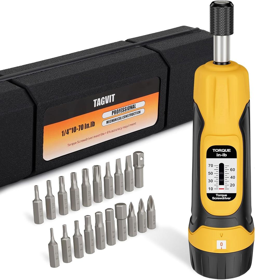 Torque Screwdriver, 10-70 in-lbs Torque Wrench Screwdriver Set, 1/4 Drive Inch Pound Torque Screwdriver with 20 S2 Bits and Case for Tools, Bike Repairing and Mounting