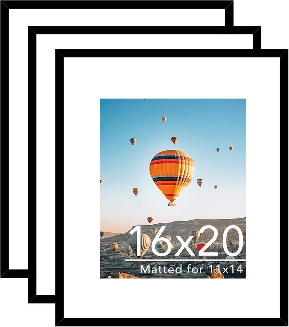 JCJMY 16x20 Picture Frame Set of 3 with 11x14 Mat, Display Photo 11x14 with Mat or 16 x 20 Without Mat, Wall Hanging Large 16 by 20 Poster Frame with Plexiglass, 3 Pack, Black