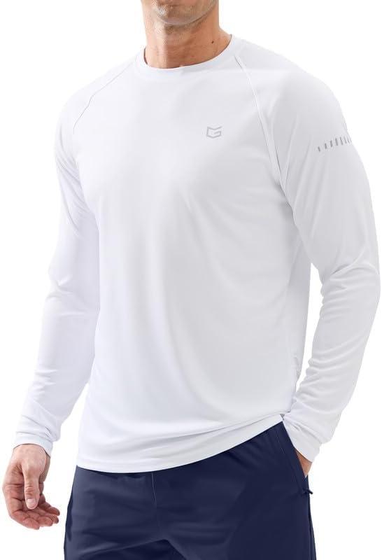 Men's Sun Protection Swim Long Sleeve UPF 50+ Rash Guard Lightweight Shirts | SPF, UV, Workout, Hiking, Fishing, Athletic, Running, Thumb Hole, Reflective Design Shirt (White, M)