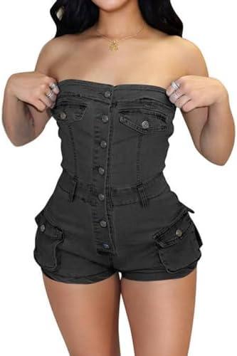 Kwunbwa Denim Shorts Jumpsuit for Women, Summer Cargo Casual Pockets One Piece Strapless Romper Jean Overalls Shorts, XL