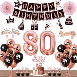 80th Birthday Decorations for Women, 54pcs Happy 80th Birthday Crown and Sash, Black Rose Gold Banner Backdrop Balloons Hanging Swirls Paper Fans, 80 Years Old Birthday Party Supplies Kit