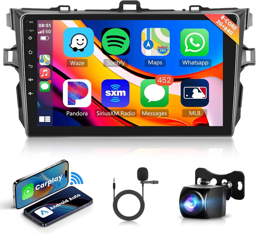 8 Core 2+64G Android Car Stereo Radio for Toyota Corolla 2009-2013 with Wireless Carplay Android Auto, 9'' Touch Screen Head Unit Bluetooth GPS Navigation Mirror Link WIFI FM/RDS DSP Backup Camera SWC