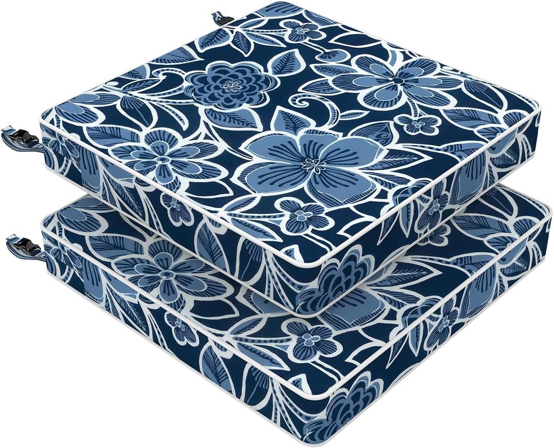 LVTXIII Outdoor Chair Cushions 20x20x3 Inch, Square Water-Repellent Patio Seat Cushions with Ties & Hidden Zipper, 2 Pack Thick Foam Chair Pads for Garden Furniture, Flower Navy