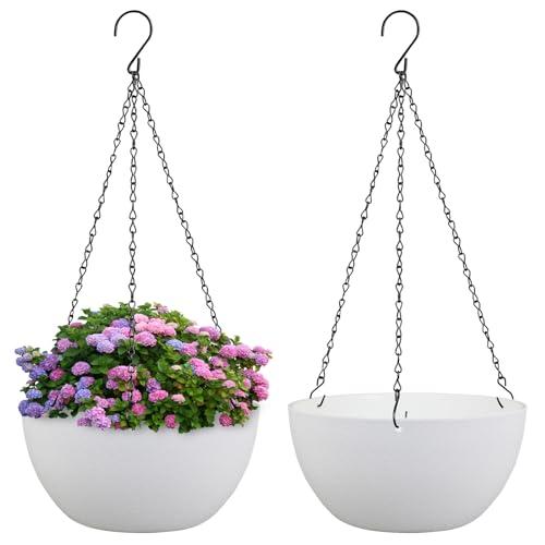 Meowell 10 inch Hanging Planters for Indoor Outdoor Plants, 1 Pack Hanging Flower Pots with Drainage Holes and Chain for Garden Balcony Porch, Round Plastic Hanging Baskets for House Plants, White
