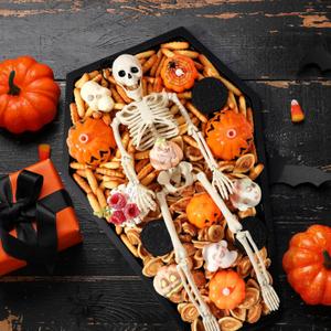 17.8'' Halloween Coffin Charcuterie Board with 16" Skeleton Large Wooden Coffin Serving Tray Board Skeleton Spooky Gothic Home Decor for Halloween Party Gothic Accessories