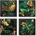 Green and Gold Wall Decor Tropical Plant Gold Leaves Pictures Canvas Prints Emerald Green Mid Century Modern Botanical floral Aesthetic Artwork for Living Room Bedroom Home Decorations 12"12"4