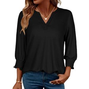 3/4 Length Sleeve Women's Tops Business Casual Blouses V Neck T Shirts with Puff Sleeve 2026 (Large, Black Color)
