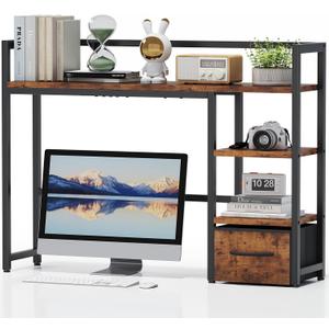 Marbrasse Desk Shelf with Drawer, 40" Desk Hutch for Computer Monitor, Wooden Desktop Bookshelf Storage Rack for Home Office Dorm - Dark Brown