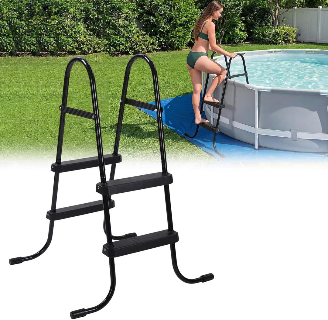 Threlaco 33 Inch Above Ground Pool Ladder 2 Step Steel Frame Swimming Pool Entry Exit Ladder Non Slip Metal Frame Steps, Weight Capacity 300lbs(Black)