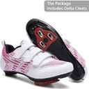 Unisex Road Bike Cycling Shoes Compatible with Peloton Shimano SPD Bike Riding Shoes for Men Women, 3 Straps, Pre-Installed Delta Cleats for Indoor Outdoor Cycling Biking Size 6(White-Pink)