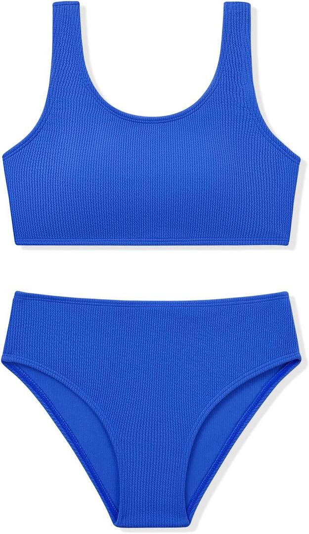 Girls Two Piece Swimsuits Ribbed Bikini Sets Swimming Bathing Suit Beach Sport Athletic Teen Girls Swimwear (11-12 Years, Deep Blue)