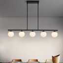 HuisMier 5 Lights Modern Globe Linear Pendant Lighting, Farmhouse Black Chandelier with White Glass Shade, Mid Century Globe Pendant Light Fixture for Dining Room Living Room Kitchen Bedroom, Large