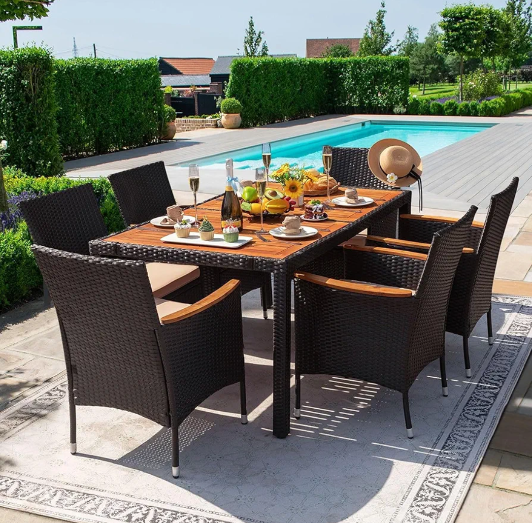 Devoko Dining 7 PCS Furniture, Patio Conversation Set with Acacia Wood Table Top, Rattan Outdoor, Black Only Table Build Without Top Wood and 6 Chairs Without Cushions