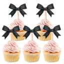24 Pcs Black Bow Cupcake Toppers for Coquette Party Decorations, Baby Shower and Birthday Cake Supplies (Black)