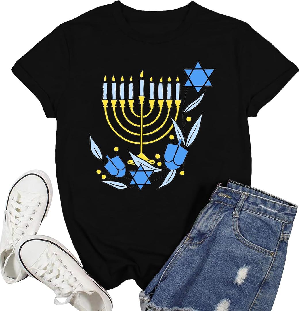 Hanukkah Shirt Women Happy Hanukkah T-Shirt Menorah Candles Short Sleeve Jewish Chanukah Tee Tops (L)