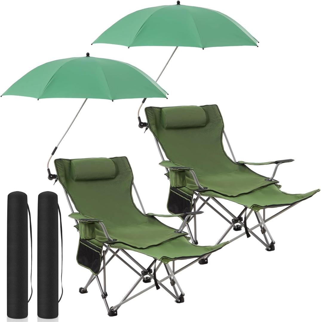 Yuntau 2 Set Reclining Beach Chairs with UPF 50+ Umbrellas Shade, Upgraded Heavy Duty Portable Folding Lounge Camping Chair with Canopy Removable Footrest & Headrest for Outdoor Patio(Green), 61.42 x 35.24 x 21.26 inches