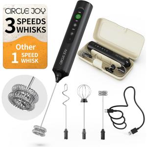 CIRCLE JOY Rechargeable Handheld Milk Frother Wand with 3 Variable Speeds, 3 Whisks and Storage Box, Electric Drink Mixer for Latte, Cappuccino, Hot Chocolate, Eggs and Protein Powder, Black