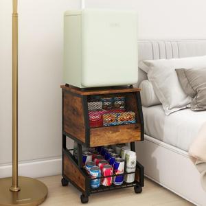 PUNCIA Compact Refrigerator Stand with Beverage Storage and Wheels Rolling Personal Fridge Cooler Table Mini Fridge Stand Small Refrigerator Cart for Dorm Home Office Bedroom (3 Tiers, Retro)