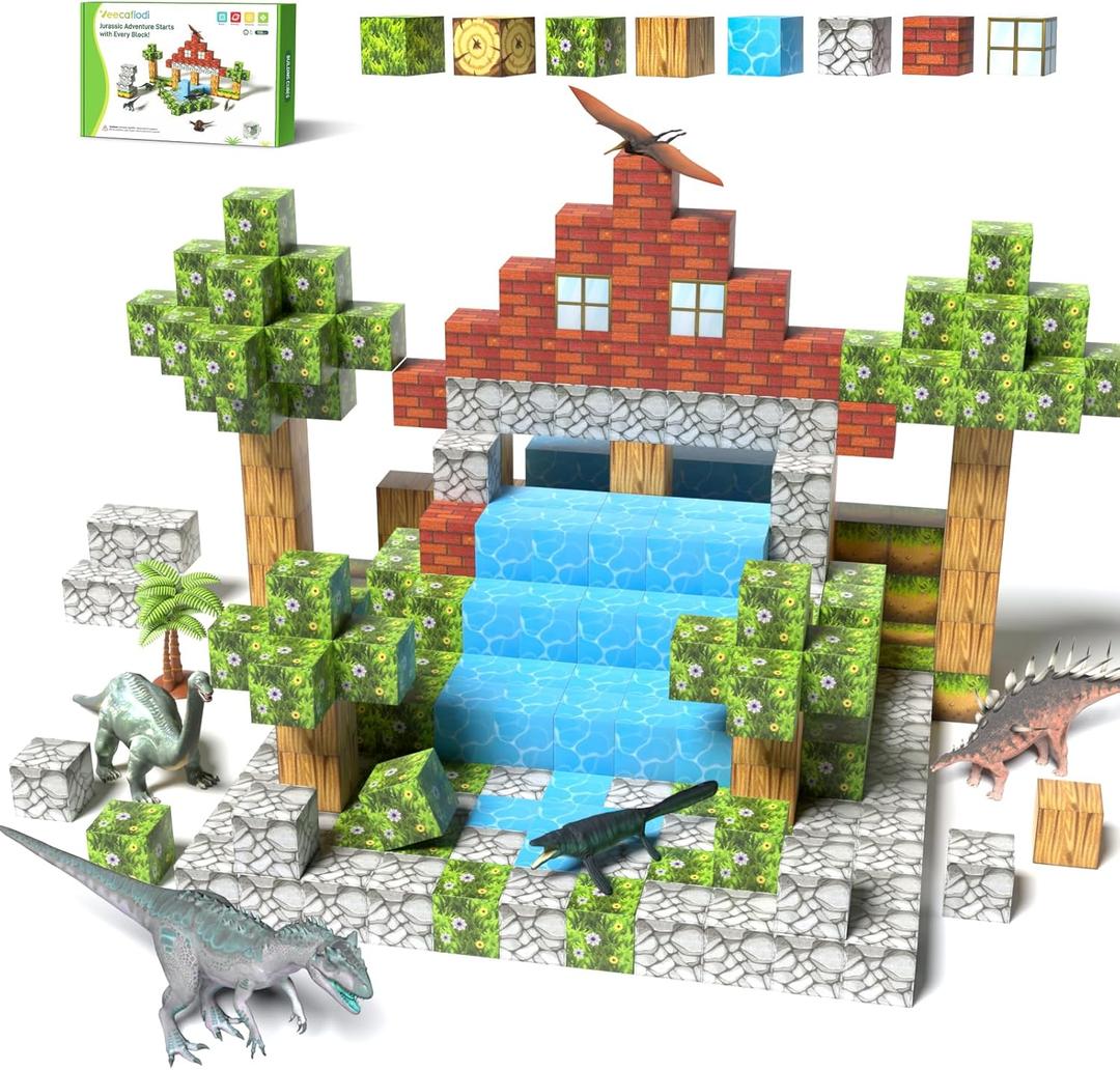 Magnetic Blocks 108PCS, Dinosaur Magnetic Building Blocks with 6 Dinosaur Figures, Stacking Magnetic Building Toys for Kids Ages 3-5 4-8, STEM Educational Construction Toy, Gift for Boys Girls (Yellow)