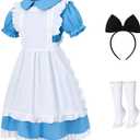 Girls Blue Dress White Apron Halloween Costume Princess Dress Up Costume with Headband and Stocking for 7-14 Years (9-10 Years)