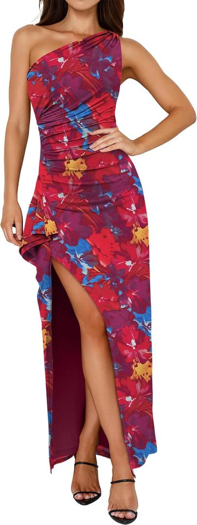 Prinbara Womens One Shoulder Floral Bodycon Maxi Dress 2026 Summer High Split Cocktail Formal Wedding Guest Long Prom Dresses S
