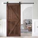 36x84 inch Sliding Barn Wood Door Slab with 6.6ft Hardware Kit and Handle, Coffee, K Shape, Simple DIY Assembly