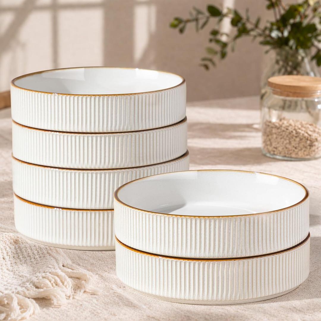 GBhome Pasta Bowls Set of 6, 7.5 Stoneware Dinner & Salad Bowls, Double Reactive Glaze Ceramic Soup Bowls, Stackable, Microwave & Dishwasher Safe, White with Honey-Brown Edge