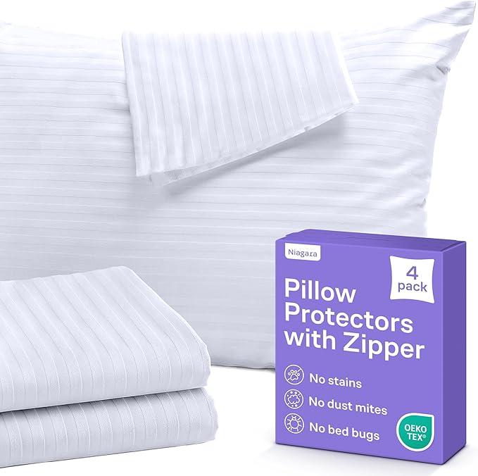 Set of 4 Pillow Protectors with Zipper Standard Size - 100% Resistant to Stains, Dust & Dirt - Washable Covers for Increased Pillow Lifespan