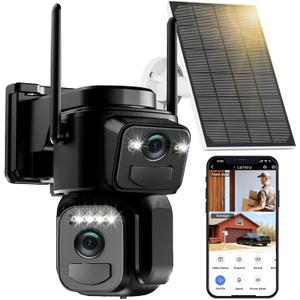 Dual Lens Solar Security Cameras Wireless Outdoor, 5G/2.4G WiFi 6, 360 PTZ Home Security Camera with 6MP Color Night Vision, Motion Detection, Spotlight Siren, 2-Way Audio, Waterproof (Black)