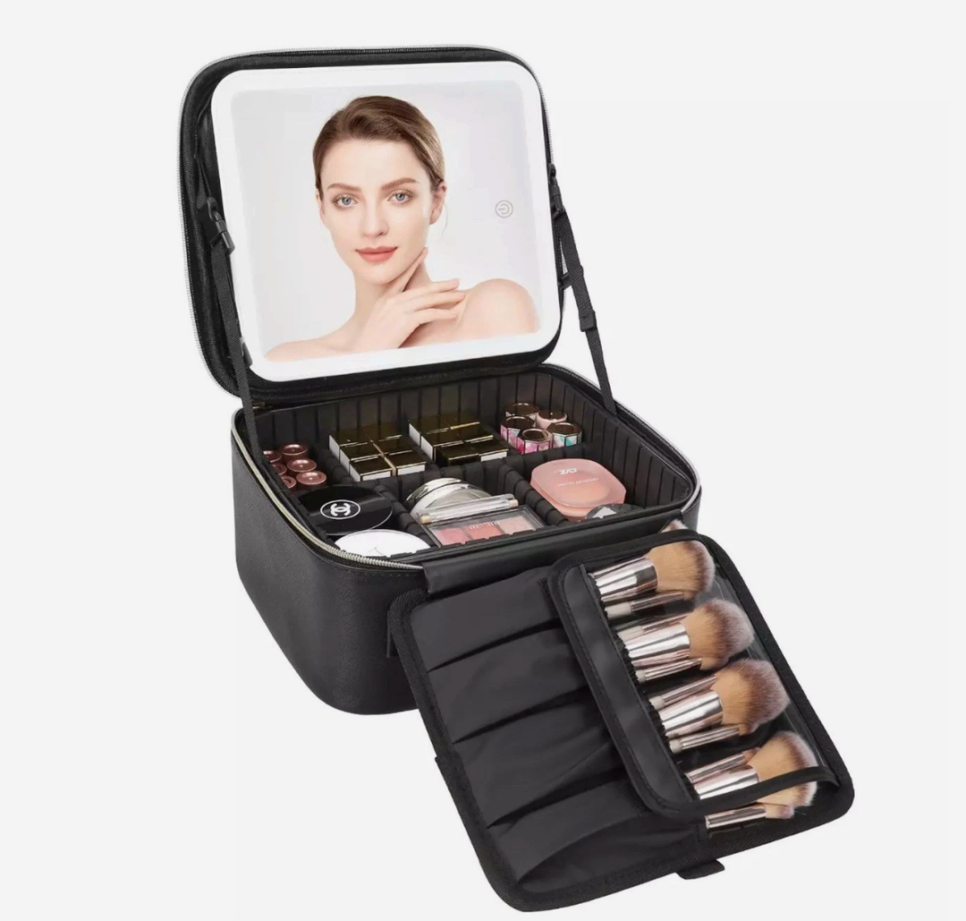 Relavel Travel Makeup Bag with LED Mirror, Cosmetic Train Case with Light up Mirror