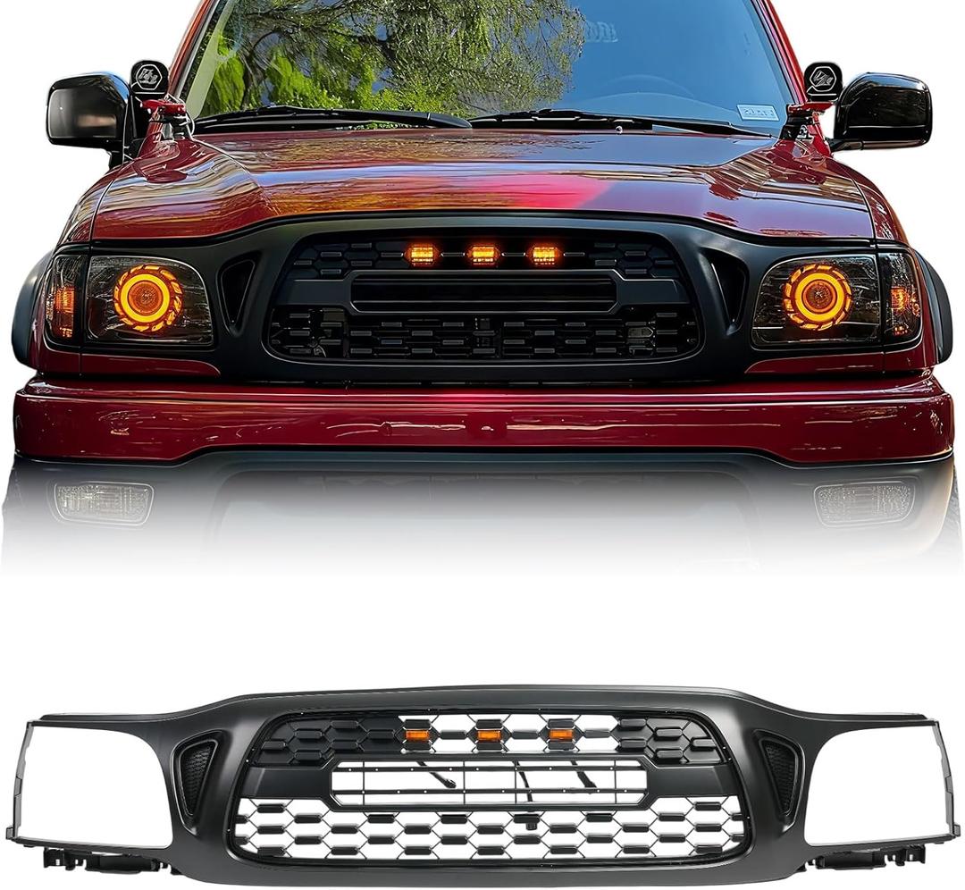 Front Grill Compatible With Toyota Tacoma 2001 2002 2003 2004 Matte Black Front Bumper Grille With Accessories/Letters/Amber Light Up