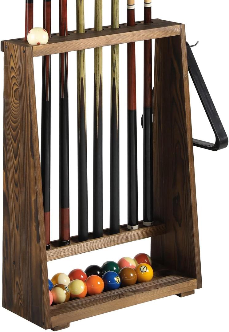 MyGift Freestanding Billiards Storage Rack, Vintage Solid Wood Floor Standing Pool Cue Holder, Ball Storage, Triangle Rack Hanging Hook