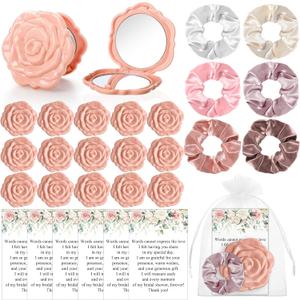 XunYee 30 Sets Bridal Shower Favors for Guests 30 Rose Compact Mirror Bulk 30 Hair Ties Satin Elastic Scrunchies 30 Thank You Card and Organza Bags Souvenir Gift for Wedding Party Favors(Pink)
