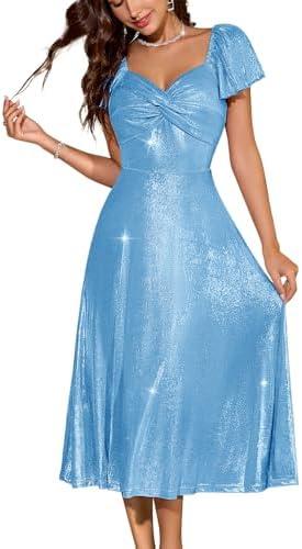 HomRain Women Sparkly Formal Party Dress V-Neck Short Sleeve Wedding Cocktail Long Evening Dress S