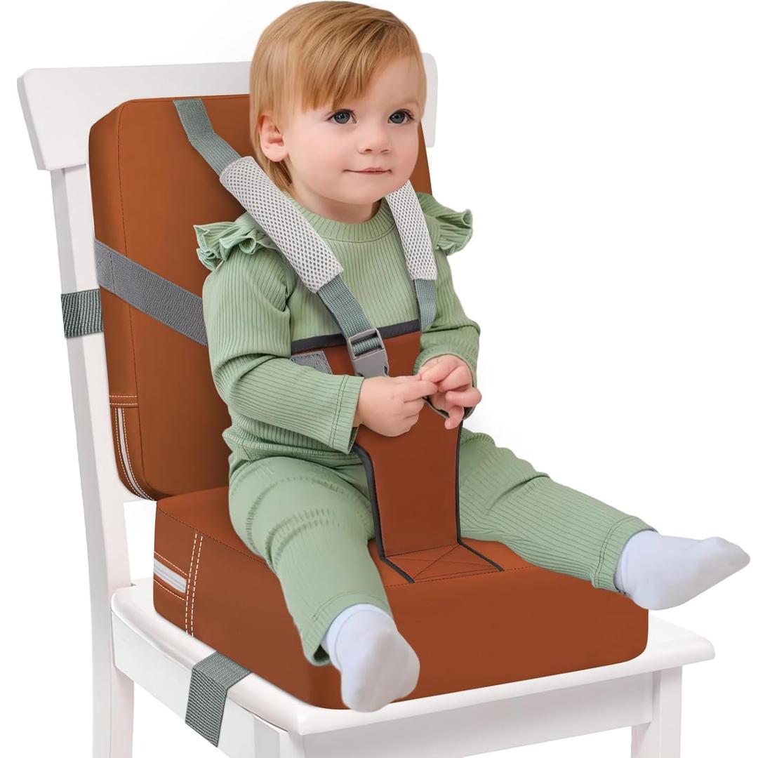 Toddler Booster Seat for Kitchen Chair & Dining Table  Waterproof PU Foam Cushion with Backrest & Safety Straps  Foldable, Portable Non-Slip Bottom Toddler Booster Seat for Table for Kids (Brown)